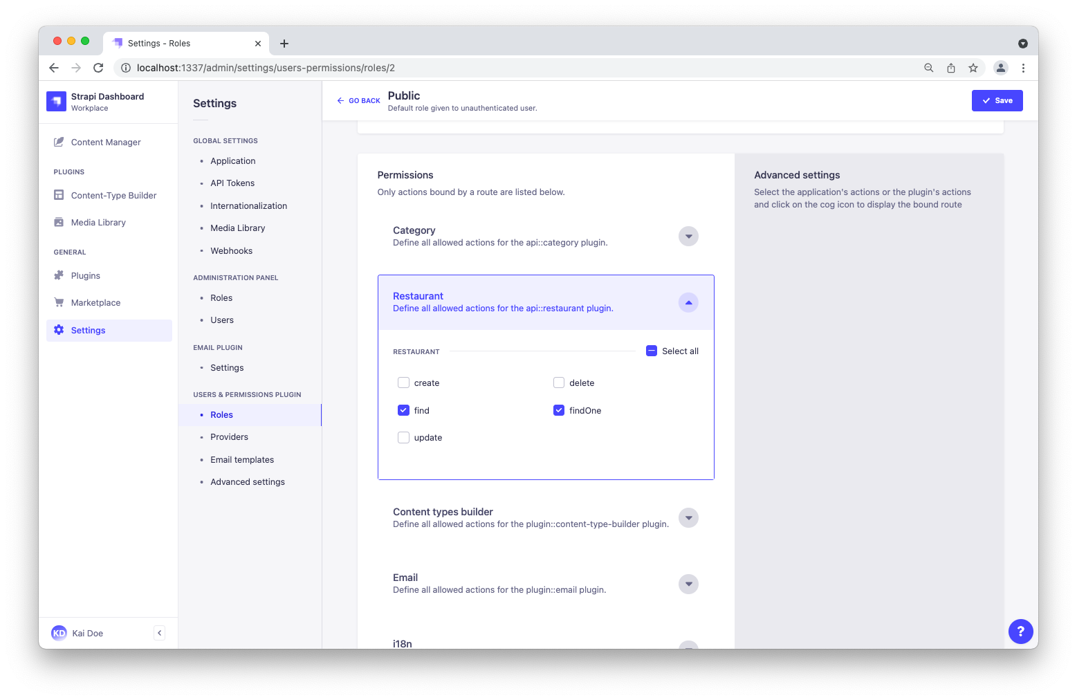 Screenshot: Public Role in Users &amp; Permissions plugin