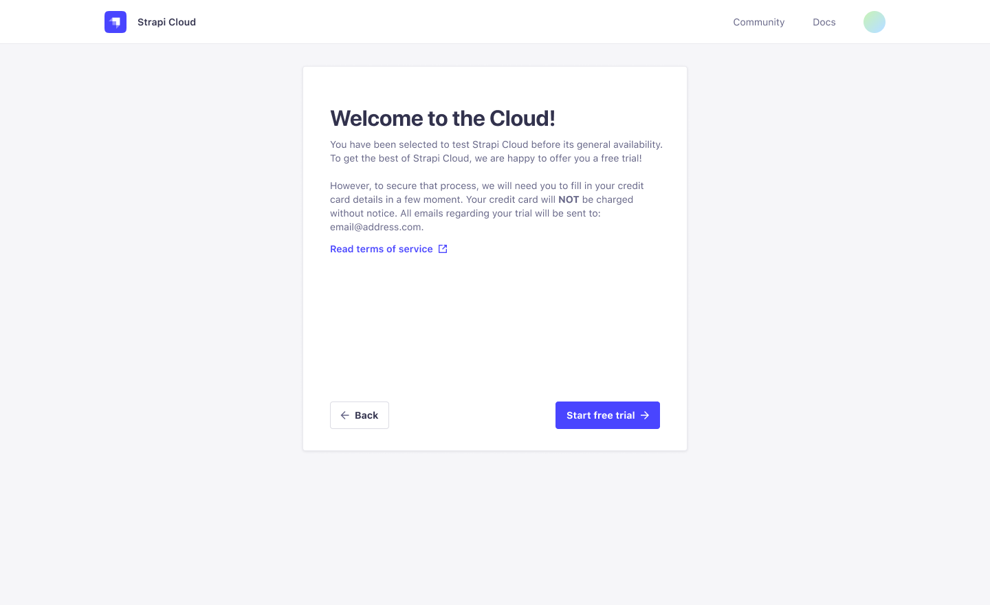 Strapi Cloud welcome page